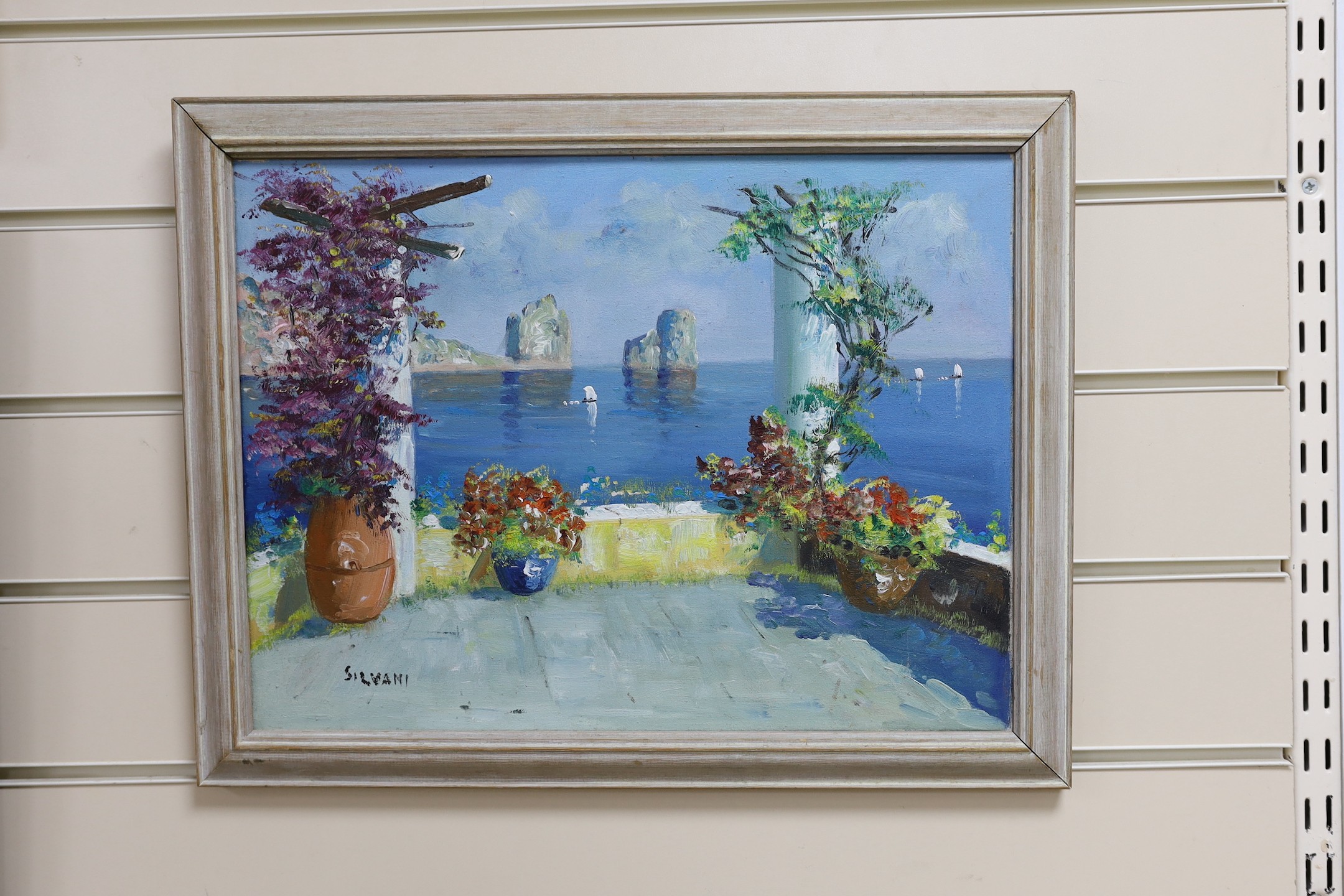 Severino Silvani, oil on canvas, View from a Mediterranean terrace, signed, 30 x 40cm